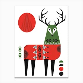 Stag Christmas Print Red Green Canvas Print