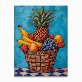Tropical Fruit Basket Blue Checkerboard 4 Canvas Print