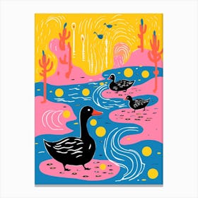 Colourful Duckling Linocut Style Pattern 1 Canvas Print