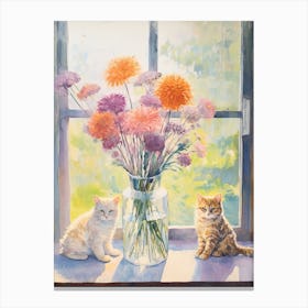 Cat With Queen Annes Flowers Watercolor Mothers Day Valentines 3 Canvas Print