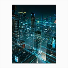 A Futuristic Cityscape Interconnected By Glowing Cyber Security Mesh Networks Represented By Pulsat (1) Canvas Print