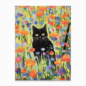 Black Cat Watercolour In A Field Of Flowers Canvas Print