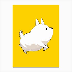 White Kawaii Dog Running On Yellow Background Cute Illustration Canvas Print