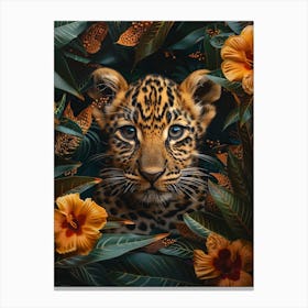 A Happy Front faced Leopard Cub In Tropical Flowers 6 Canvas Print