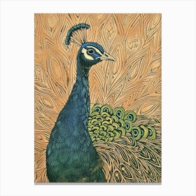 Peacock Peach Blue Linocut Inspired Canvas Print