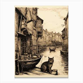 A Black Cat At The Shipyard Sepia Etching Canvas Print