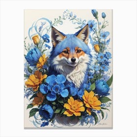 Blue Fox With Flowers Print Canvas Print