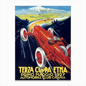 Vintage 1927 automobile race poster by Plinio Codognato promoting the 3rd Coppa Etna (Etna Cup) organized by the Catania Automobile Club. Canvas Print