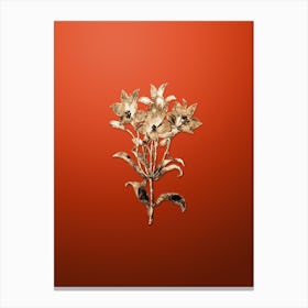 Gold Botanical Red Speckled Flowered Alstromeria on Tomato Red n.2245 Canvas Print