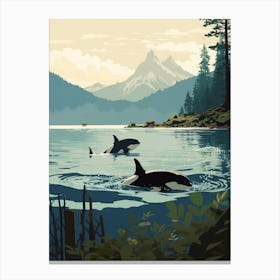 Two Orca Whales Swimming With Mountain In Distance Teal Canvas Print