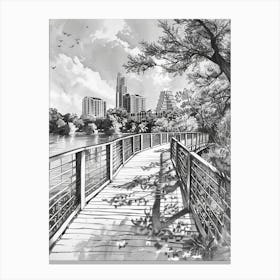 Lady Bird Lake And The Boardwalk Austin Texas Black And White Drawing 1 Canvas Print