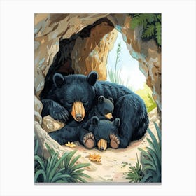 American Black Bear Family Sleeping In A Cave Storybook Illustration 4 Canvas Print