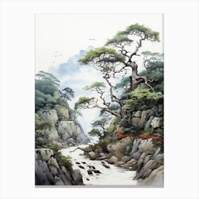 Aso Kuju National Park In Kumamoto, Japanese Brush Painting, Ukiyo E, Minimal 3 Canvas Print