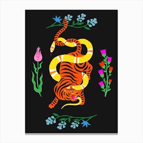 Tiger And Snake Battle Flowers Canvas Print