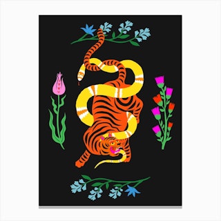 Tiger And Snake Battle Flowers Canvas Print