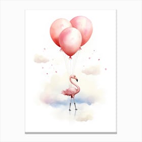 Baby Flamingo Flying With Ballons, Watercolour Nursery Art 1 Canvas Print