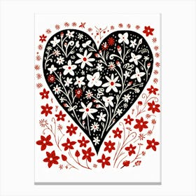 Heart Linocut Black & Red White Background 1 Canvas Print