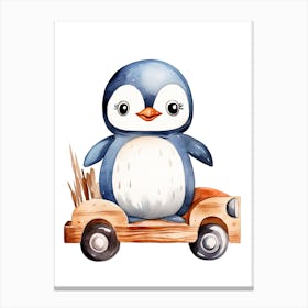 Baby Penguin On A Toy Car, Watercolour Nursery 2 Canvas Print