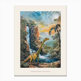 Dinosaur By A Waterfall Landscape Painting 2 Poster Canvas Print