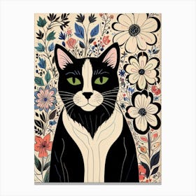 Black And White Cat With Flowers Canvas Print