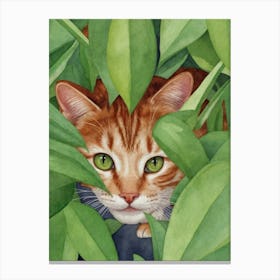 Cat Peeking Out Of Leaves Canvas Print