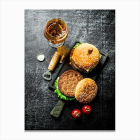 Burgers and beer — Food kitchen poster/blackboard, photo art Canvas Print