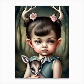 A Young Girl Holding A Deer In Her Arms Canvas Print