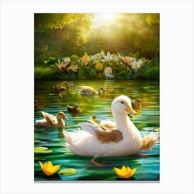 Ryan Gosling As An Anthropomorphic Duck Covered In Fluffy Feathers Paddling Through A Serene Duck Canvas Print