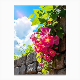 Pink Flowers On A Stone Wall Photo Canvas Print