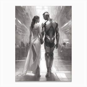 Human And Cyborg Lovers Holding Hands Canvas Print