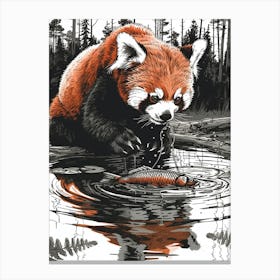 Red Panda Catching Fish In A Tranquil Lake Ink Illustration 2 Canvas Print