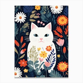 White Cat In Flowers Canvas Print