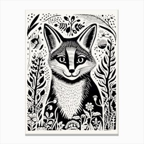 Fox In The Forest Linocut White Illustration 1 Canvas Print