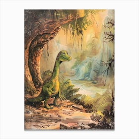 Vintage Dinosaur Cartoon In A Cave 2 Canvas Print
