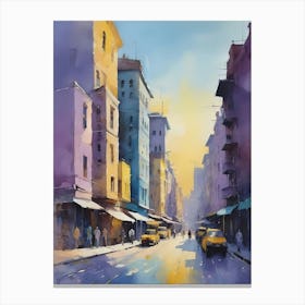 Colored Painting Of A Cityscape,Indigo And Yellow,Purple (27) Canvas Print