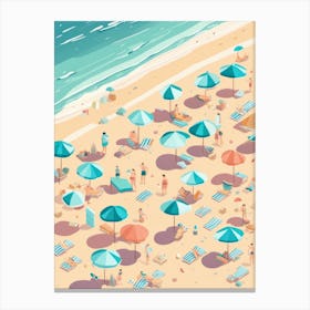 Surreal Figures On Sandy Beach With Umbrellas Parasol Sea Line Pastel Colours Canvas Print