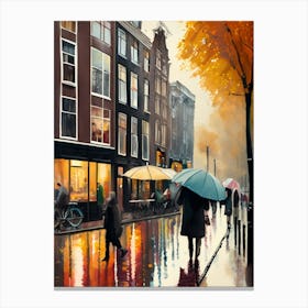 Amsterdam cafes, autumn, autumn oil colours, pastel colours, pedestrians in the street, winter clothes.8 Canvas Print