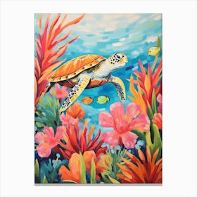 Pastel Sea Turtle With Tropical Flowers Canvas Print