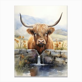 Highland Cow Drinking For Brickwork Trough 2 Canvas Print