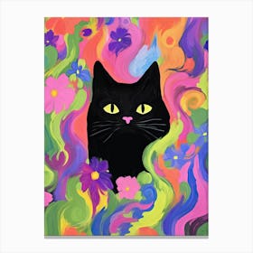 Black Cat In Colourful Flower Background Canvas Print