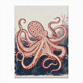 Linocut Octopus Deep In The Ocean Canvas Print