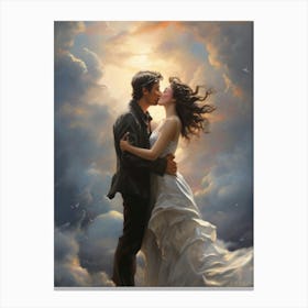 Bride And Groom Kissing In The Clouds Canvas Print