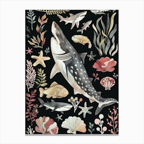 Largetooth Cookiecutter Shark Seascape Black Background Illustration 2 Canvas Print