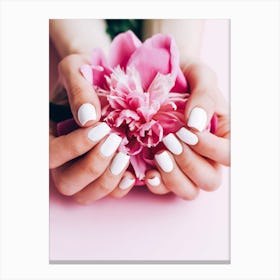 Manicured Hands With Pink Flower Canvas Print