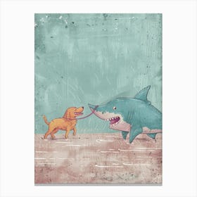 Shark Walking A Dog Textured Illustration Canvas Print