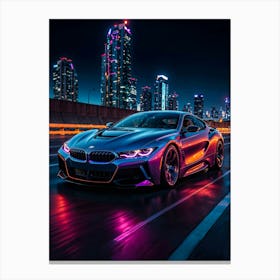 Cyberpunk BMW in a neon city. A racing supercar with futuristic design, night speed, and synthwave aesthetic. Canvas Print