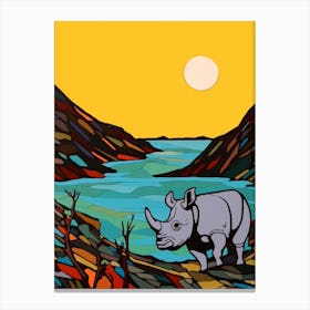 Simple Line Illustration Rhino By The River 4 Canvas Print