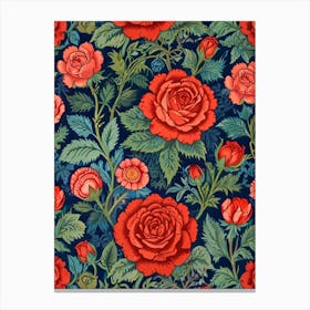 William Morris Red Roses On A Blue Background Canvas Print