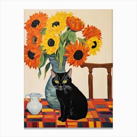Sunflower Flower Vase And A Cat, A Painting In The Style Of Matisse 0 Canvas Print