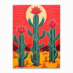 Pink And Red Plant Illustration Pencil Cactus 3 Canvas Print